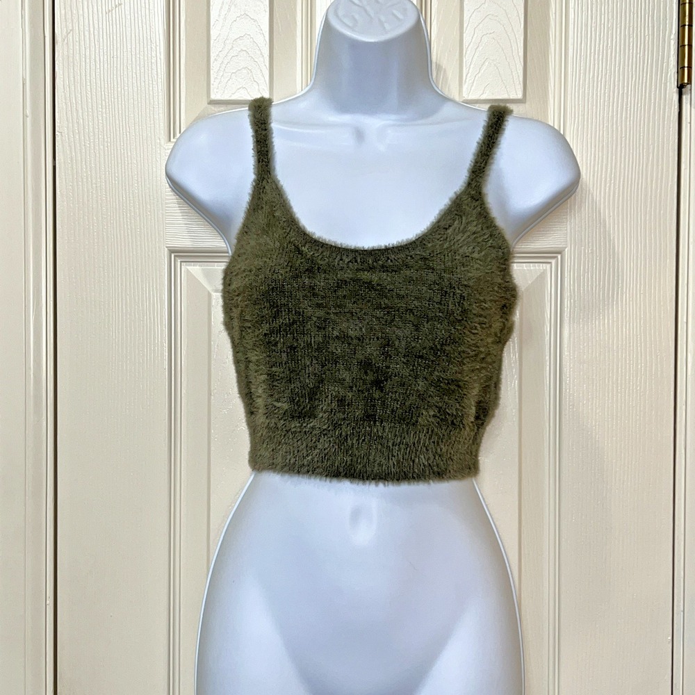 Say What Olive Army Green Fuzzy Knit Cropped Tank Top Sz S Y2K Grunge Whimsy
